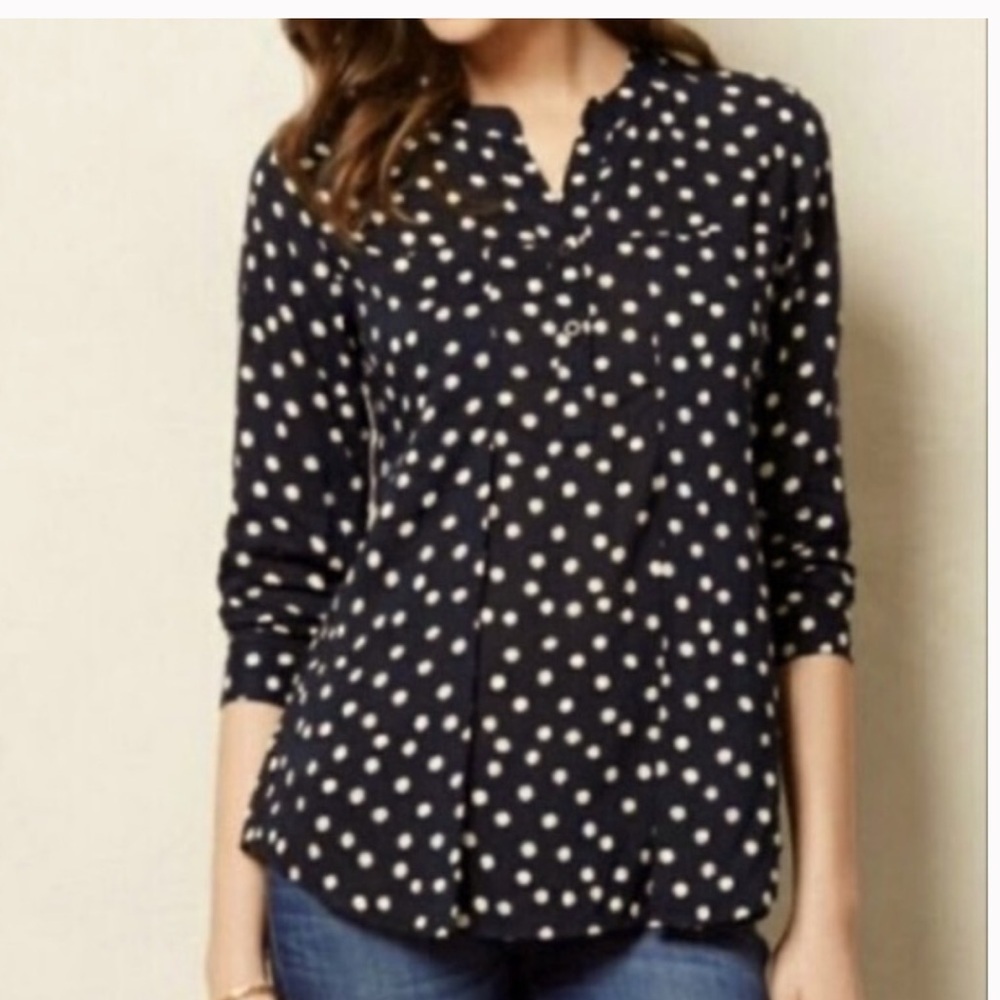 Anthropologie Maeve Navy and White Polka Dot
Quarter Button Popover Blouse small